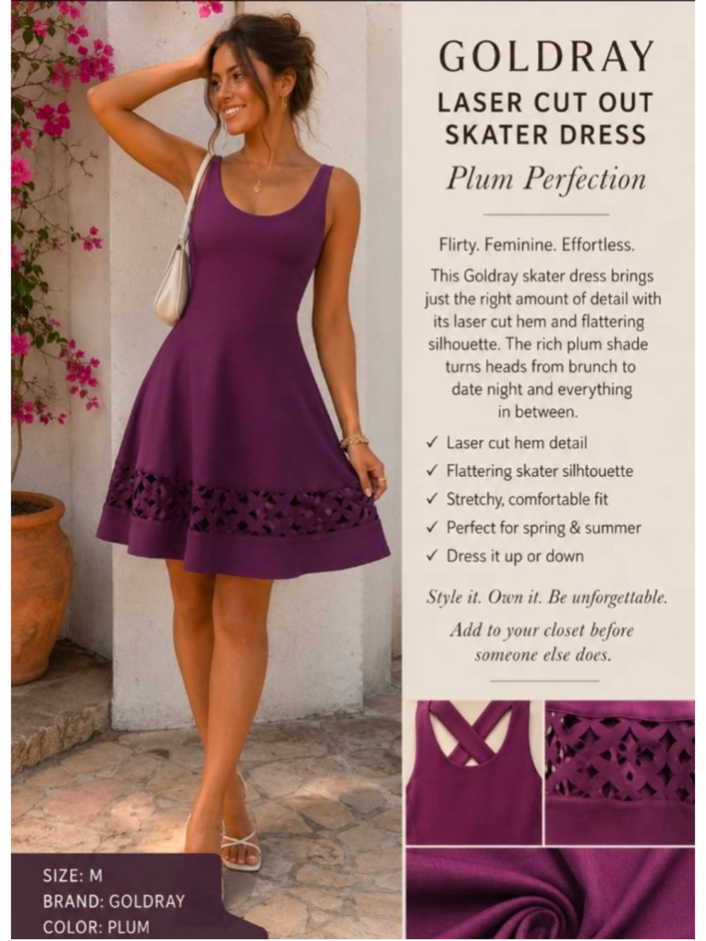 Goldray Plum Fit & Flare Skater Dress Laser Cut Hem Criss Cross Back Size M